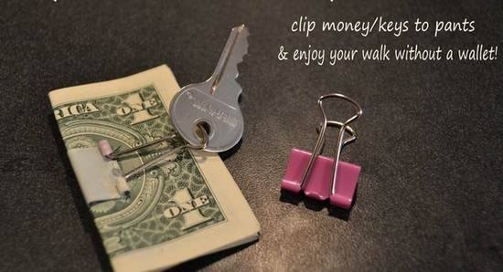 Attach both keys and money to binder clip and then on your belt